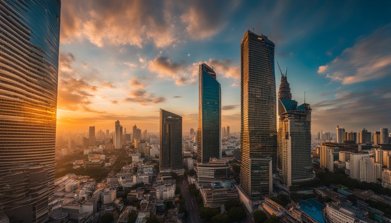 A breathtaking aerial view of Bangkok's skyline at sunset, capturing the bustling atmosphere and stunning cityscape.