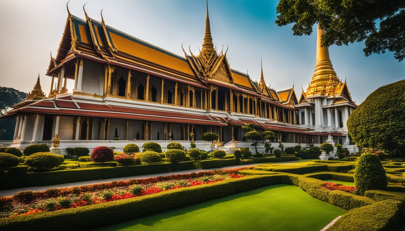 A photo of The Grand Palace, surrounded by vibrant gardens and bustling atmosphere, captured with a wide-angle lens.