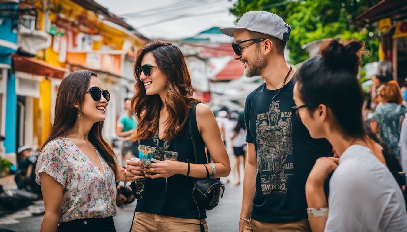 Locals and tourists admire the colorful buildings and street art in Old Phuket Town.
