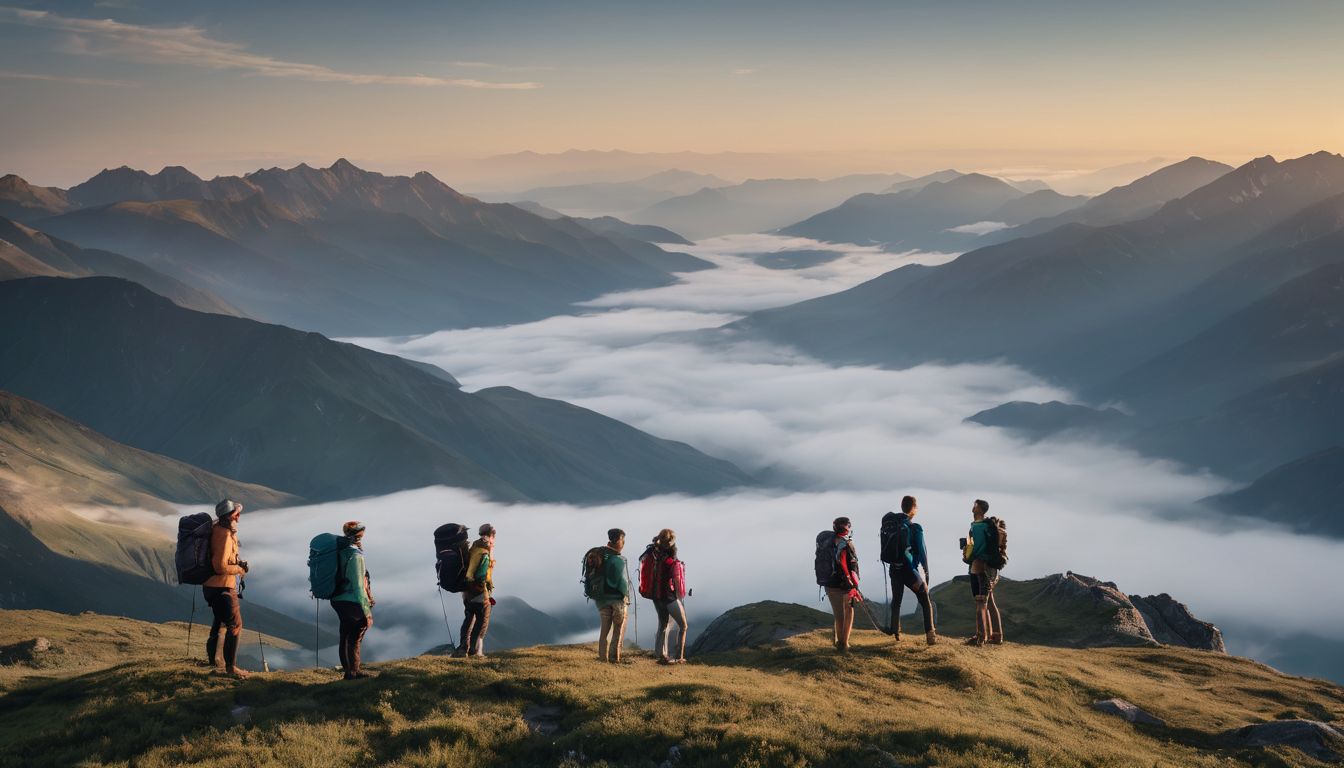 A diverse group of hikers poses on a mountaintop, taking in the stunning panoramic views.