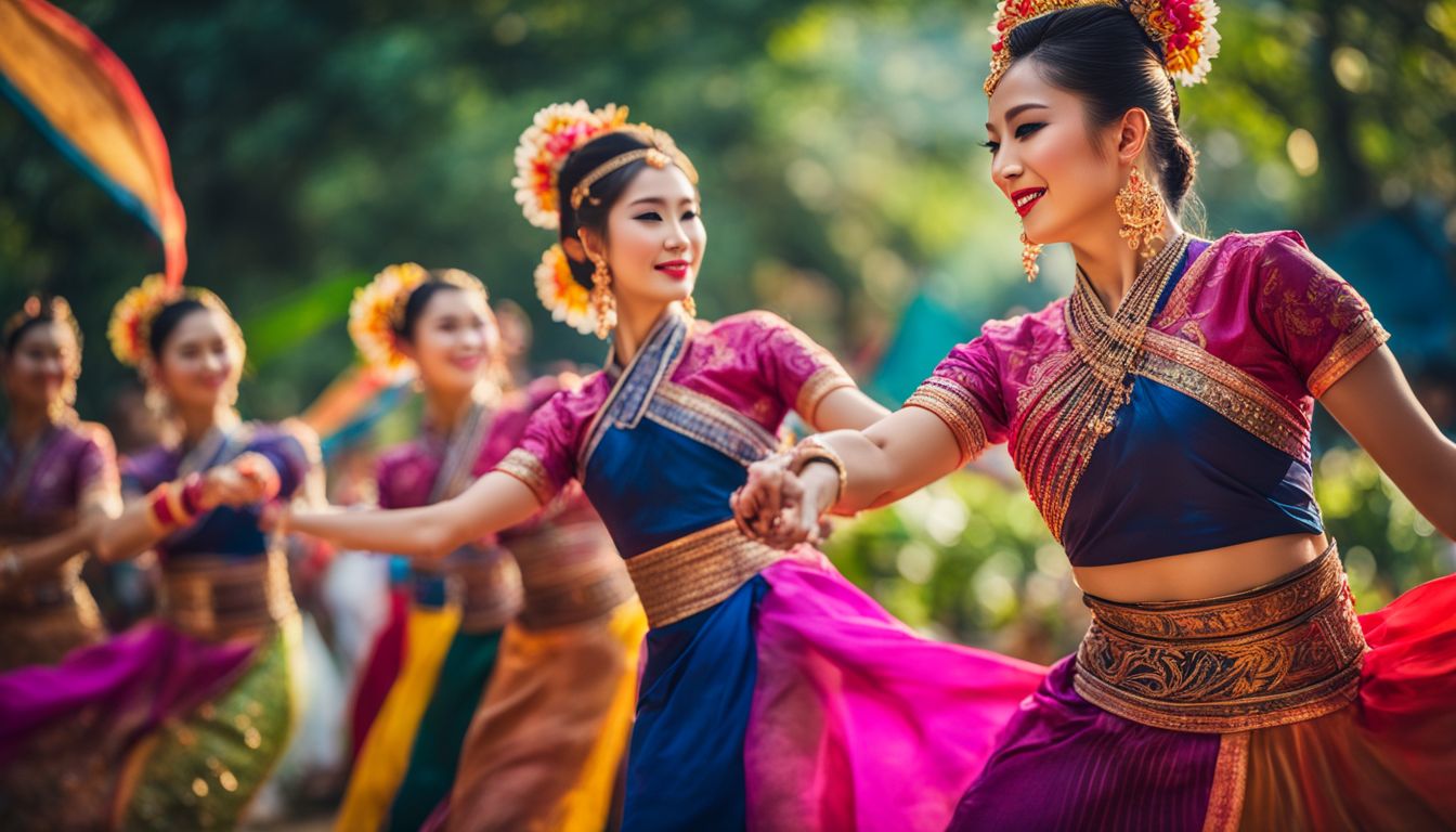 A vibrant photo of Colorful Thai dancers performing traditional dance in an outdoor setting.