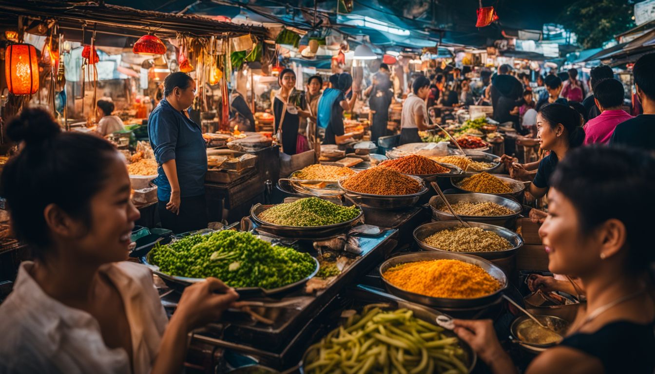 A vibrant Thai street food market filled with diverse people, delicious dishes, and a bustling atmosphere.