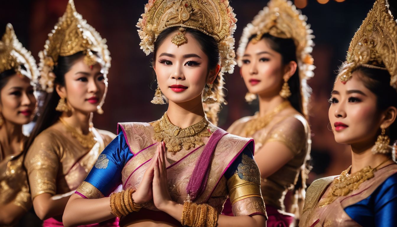 A group of Thai classical dancers in elaborate costumes performing on a beautifully adorned stage.