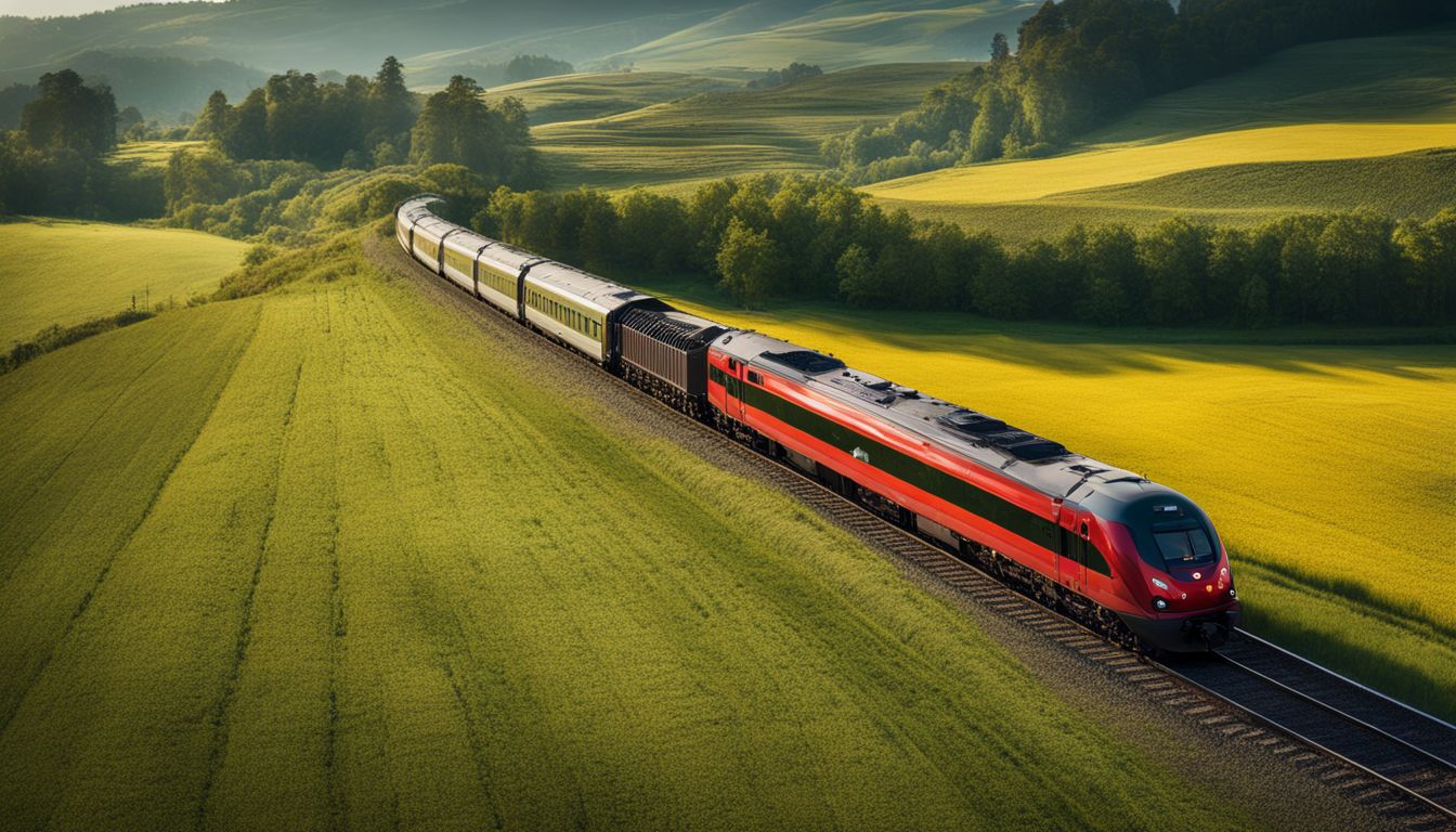 A train travels through a scenic countryside landscape with diverse people and vibrant surroundings.
