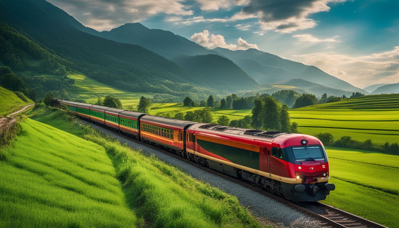 A vibrant countryside train passing through lush green fields and mountains.