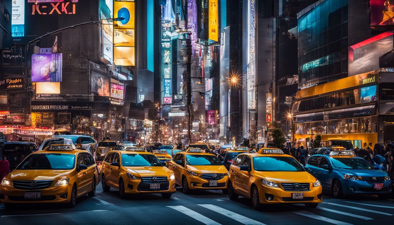 A bustling intersection at night filled with colorful taxis and shuttles, capturing the diverse faces of city life.