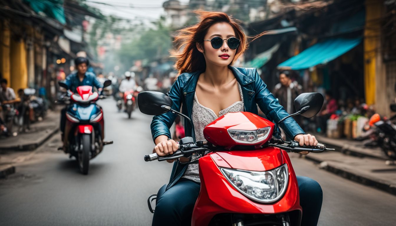 A vibrant motorbike weaves through the busy streets of Hanoi, capturing the diverse and lively cityscape.