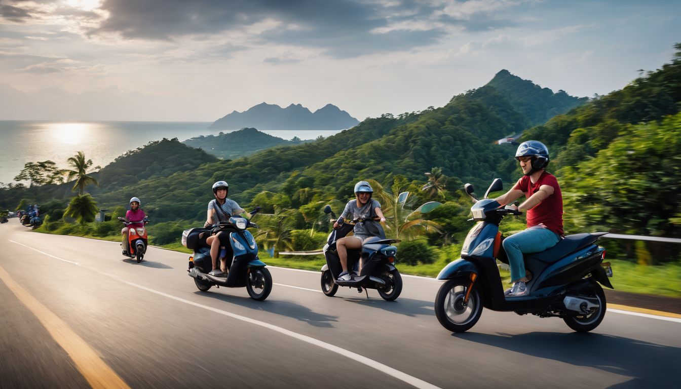 A group of diverse tourists ride scooters on the winding roads of Samui, capturing the bustling atmosphere through sharp and vibrant photography.