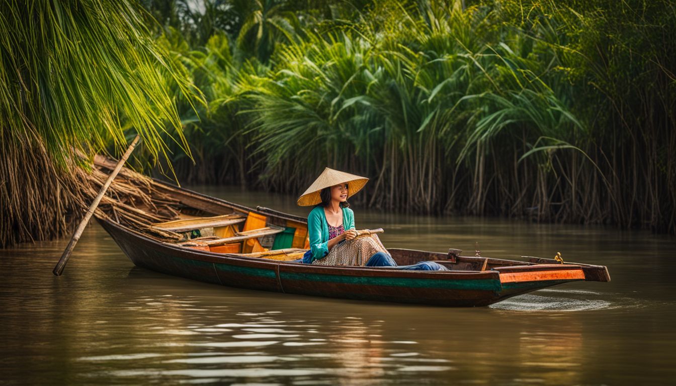 A vibrant traditional Vietnamese boat floats on the peaceful waters of the Mekong Delta.