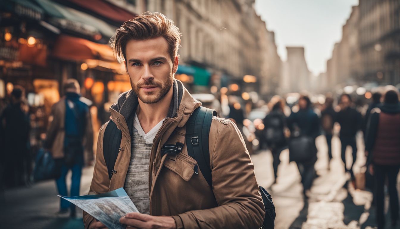 A traveler stands in front of a busy city street, holding a transportation map.