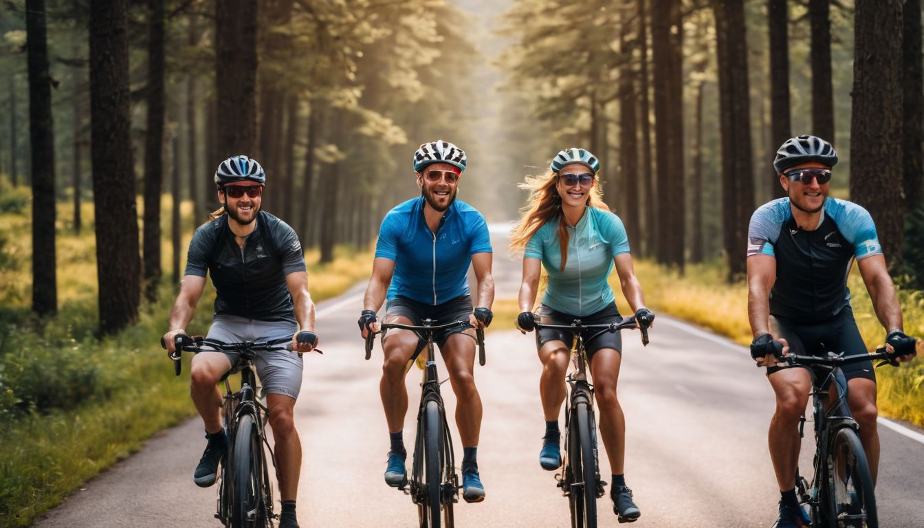 A group of friends riding bicycles on a scenic road captured in a well-lit and colorful photo.