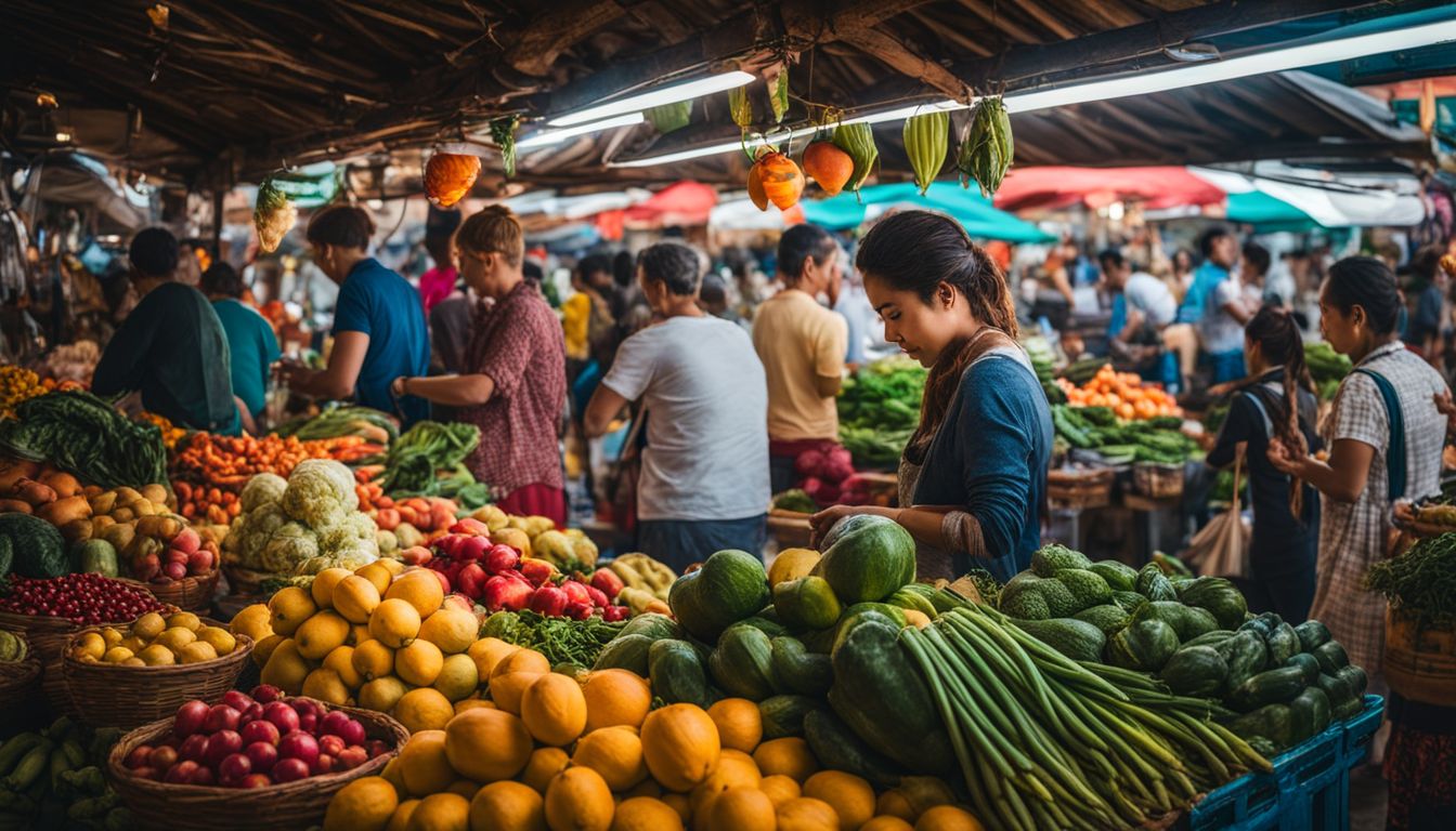 A vibrant local market with a variety of fresh fruits and vegetables, bustling with people from diverse backgrounds and styles.