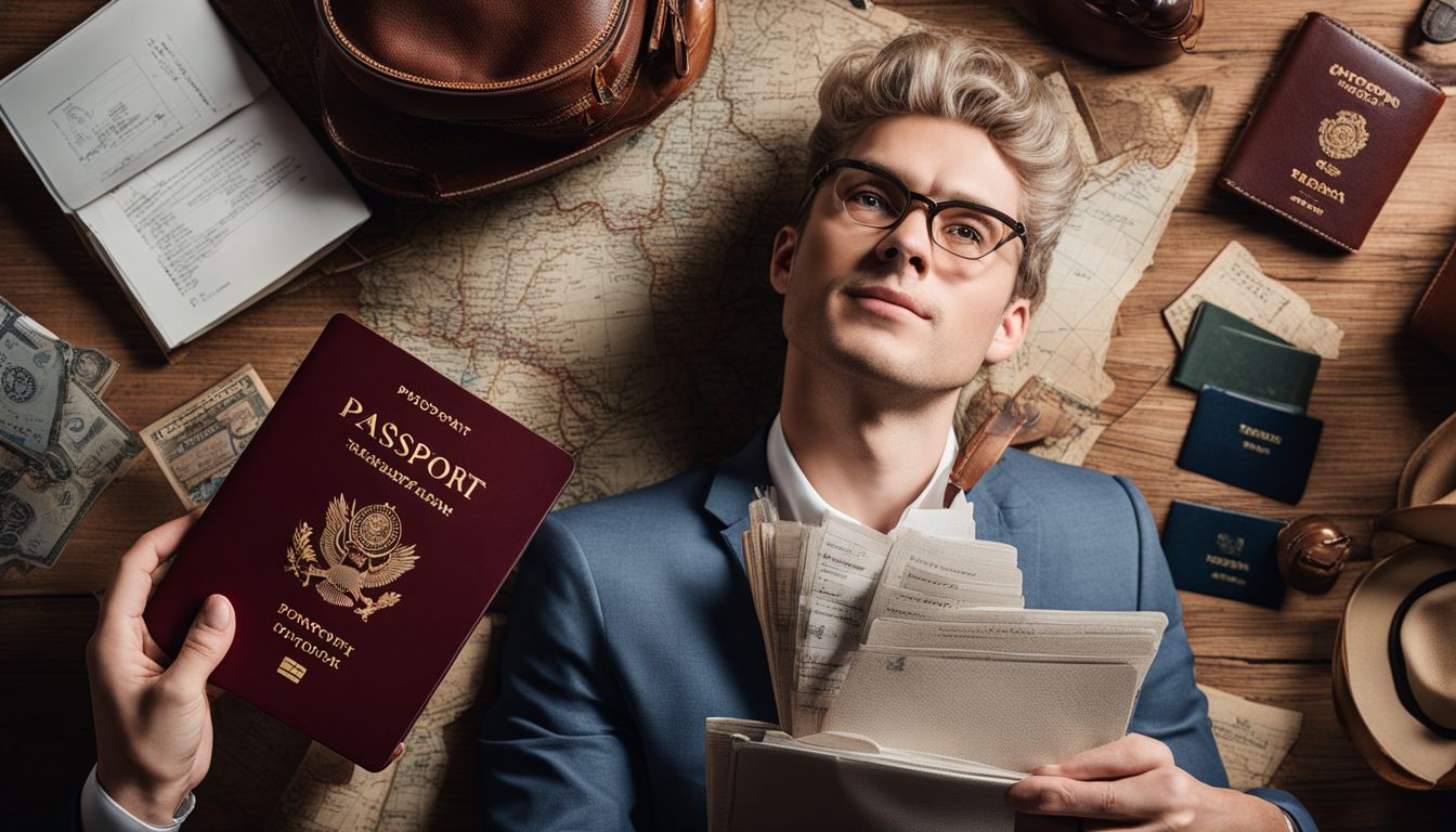 A traveler poses with their passport and important documents, surrounded by travel essentials and various faces, hair styles, and outfits.