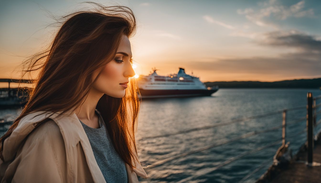 A person waits at a ferry dock during a beautiful sunset reflecting on the water.