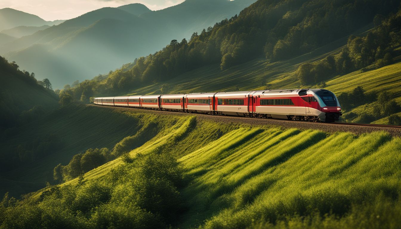 A train speeds through picturesque countryside with mountains in the background, capturing the bustling atmosphere.