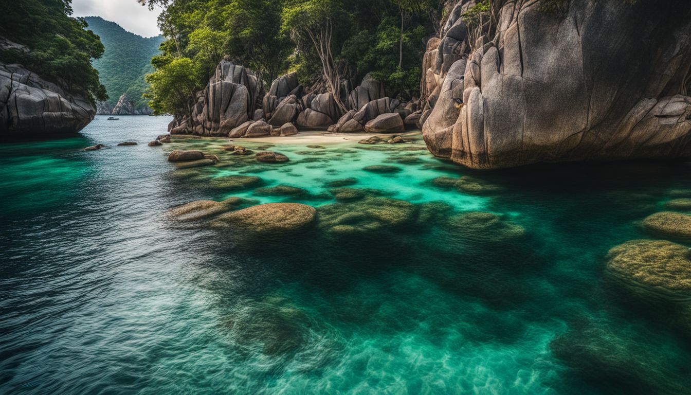 The photo captures the vibrant marine life and coral reefs in the crystal-clear waters of Koh Tao.