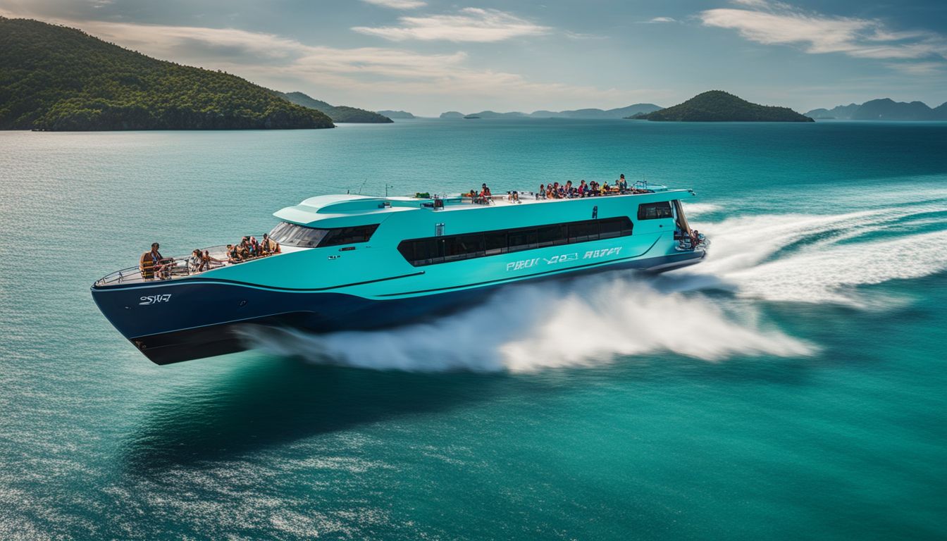 This is a photo of a speed ferry crossing clear turquoise waters with lush islands in the background.