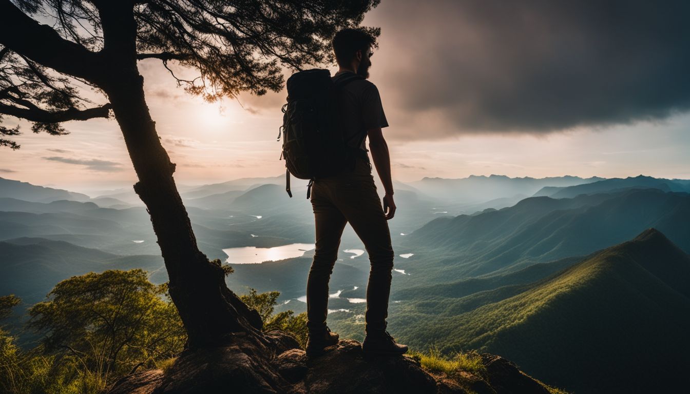 A traveler stands on a scenic cliff, overlooking lush landscapes, in a well-lit photo with sharp focus.