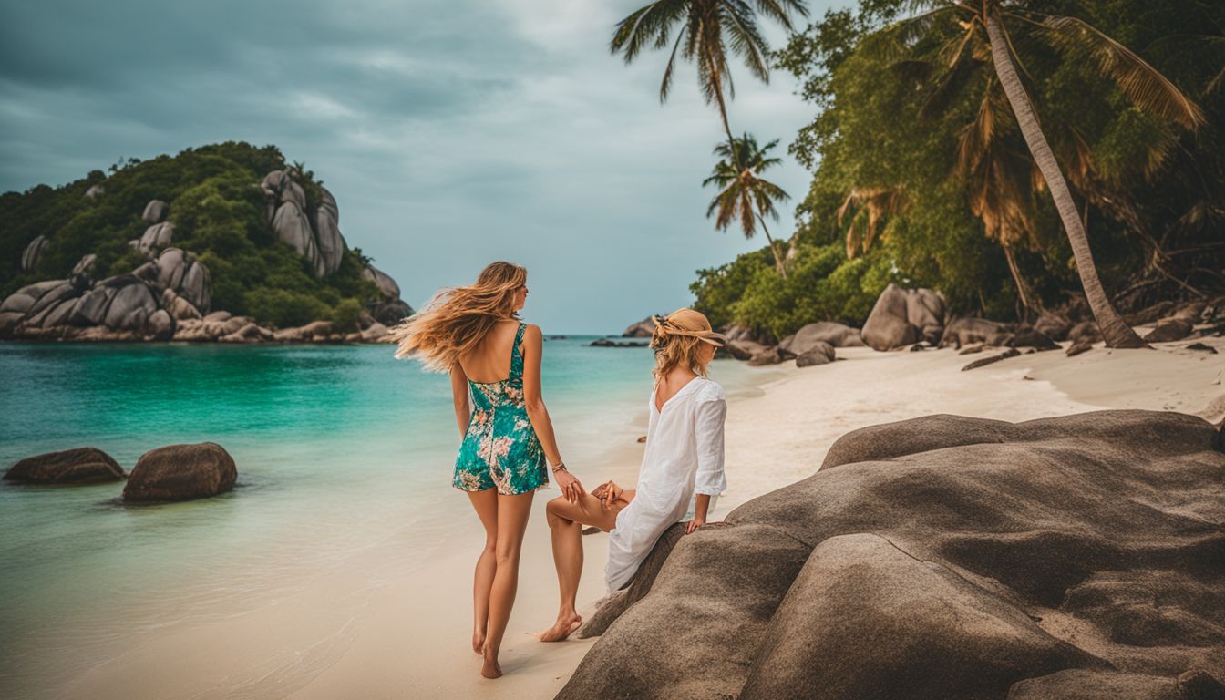 A woman and a man exploring the beautiful beaches of Koh Tao with turquoise waters and palm trees in the background.