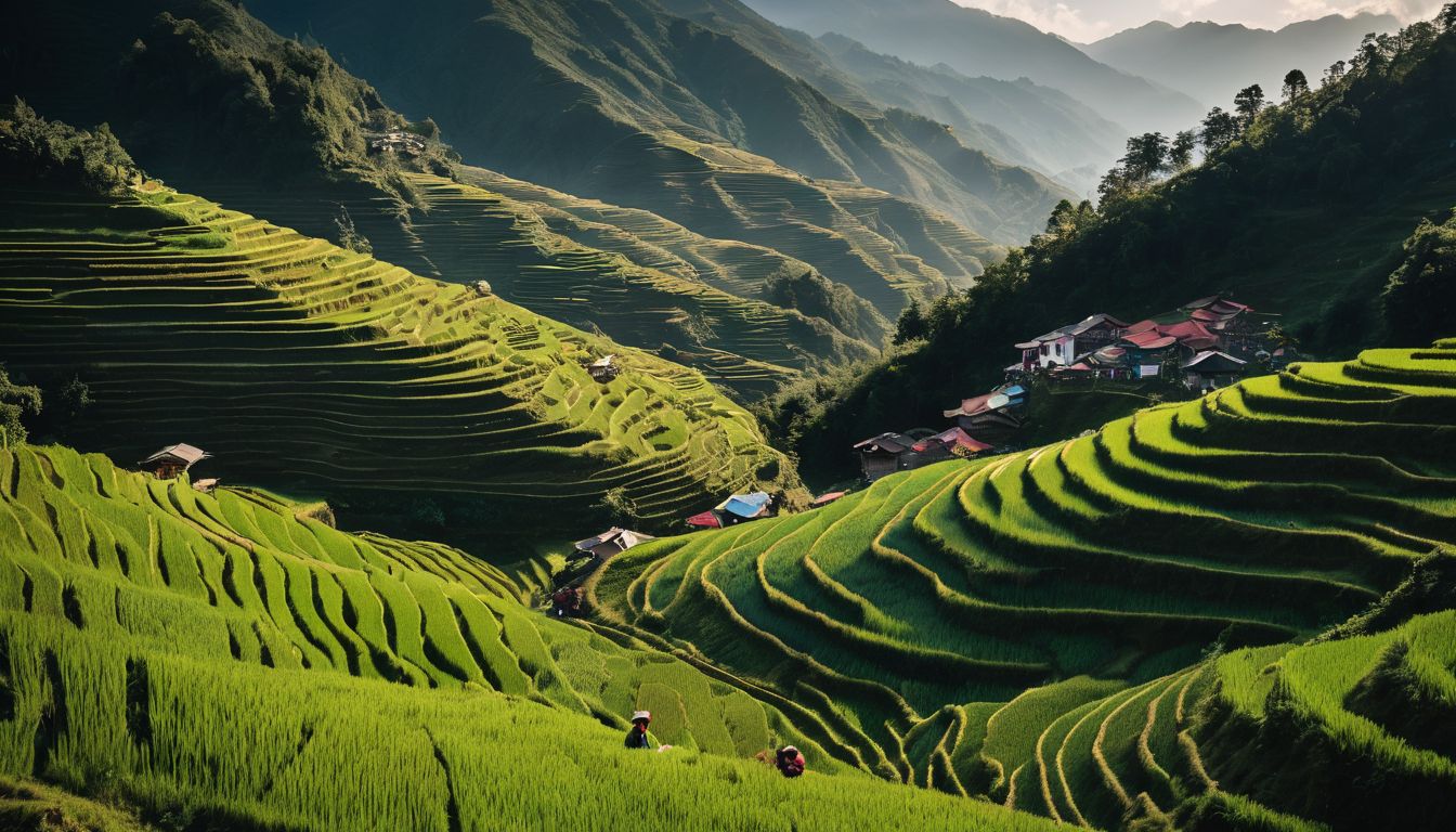 A group of hikers enjoying the breathtaking view of Sapa's rice terraces in a bustling atmosphere.