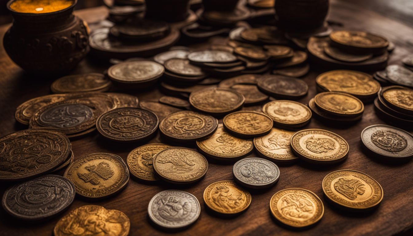 A photo of antique Thai coins displayed on a table with a background of an ancient Thai temple.