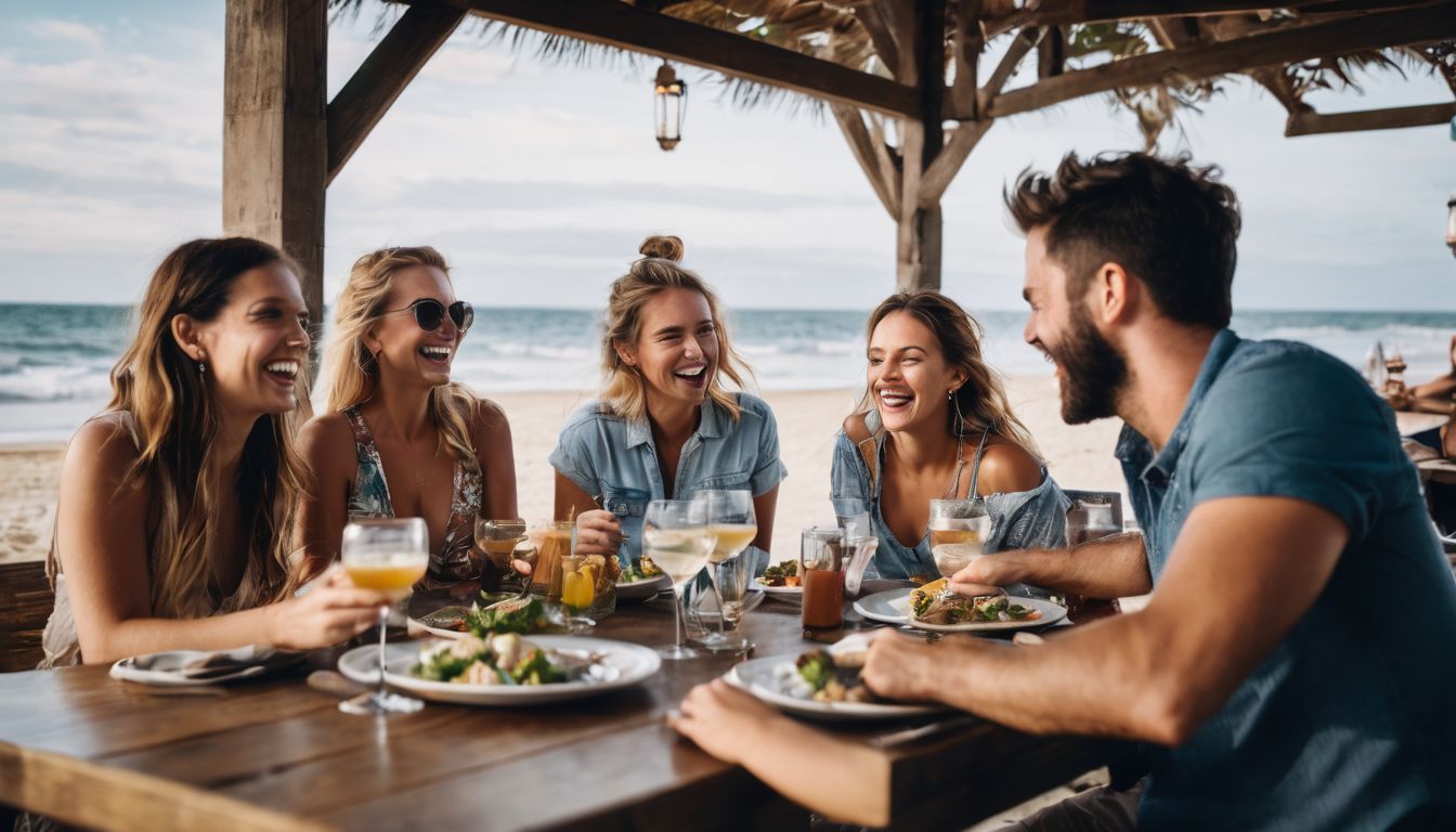 A diverse group of friends enjoy a meal together at a beachfront restaurant.