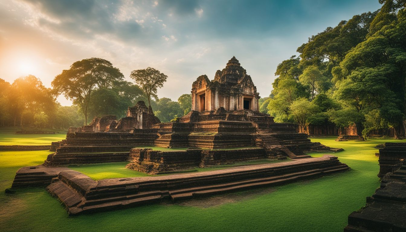 The photo showcases the intricate ancient ruins of Kamphaeng Phet Historical Park against a lush green landscape.