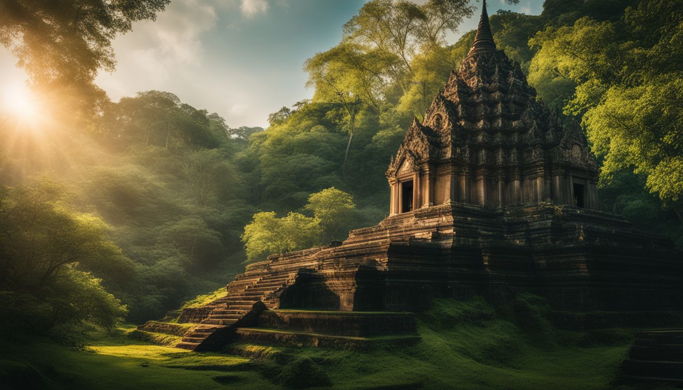 A photo of an ancient temple surrounded by lush greenery in Si Satchanalai, capturing the bustling atmosphere and natural beauty.