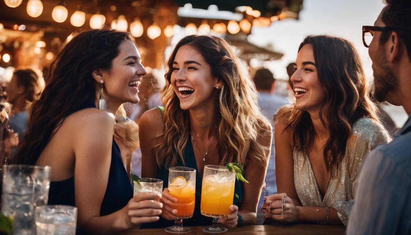 A group of friends enjoying drinks and laughter at a vibrant outdoor bar in a bustling cityscape.