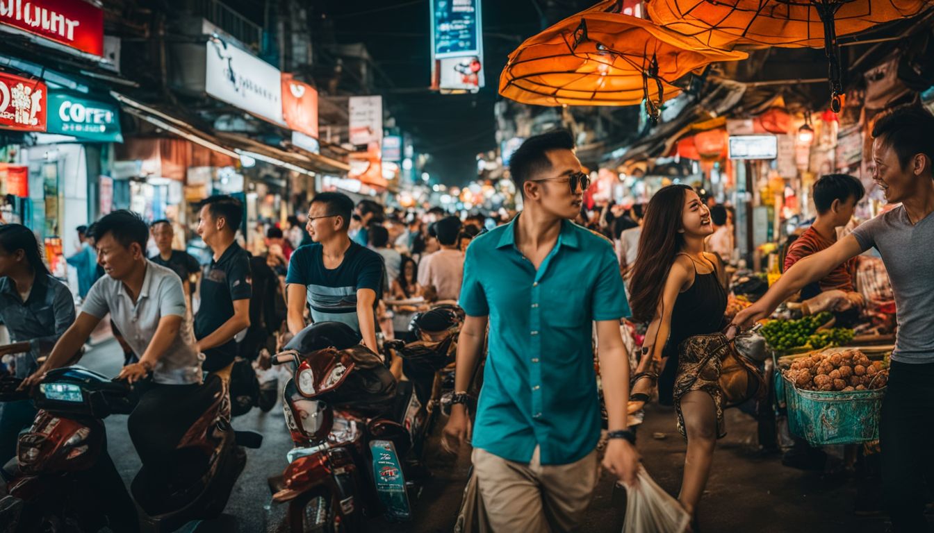A dynamic photo capturing the vibrant streets of Ho Chi Minh City with diverse people and bustling atmosphere.