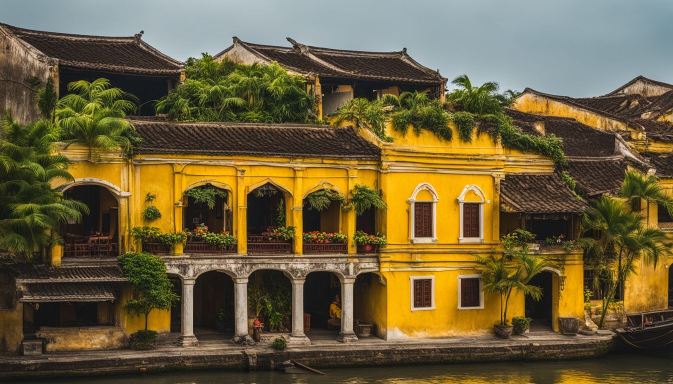 A photo showcasing the vibrant yellow buildings and lush greenery of Hoi An, Vietnam.
