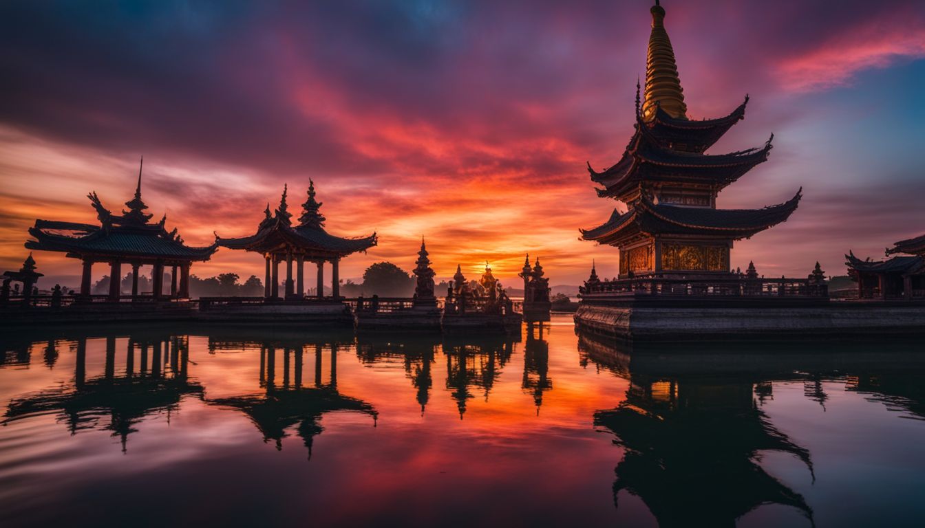 A stunning photo of floating pagodas at sunset, showcasing diversity in people and styles.