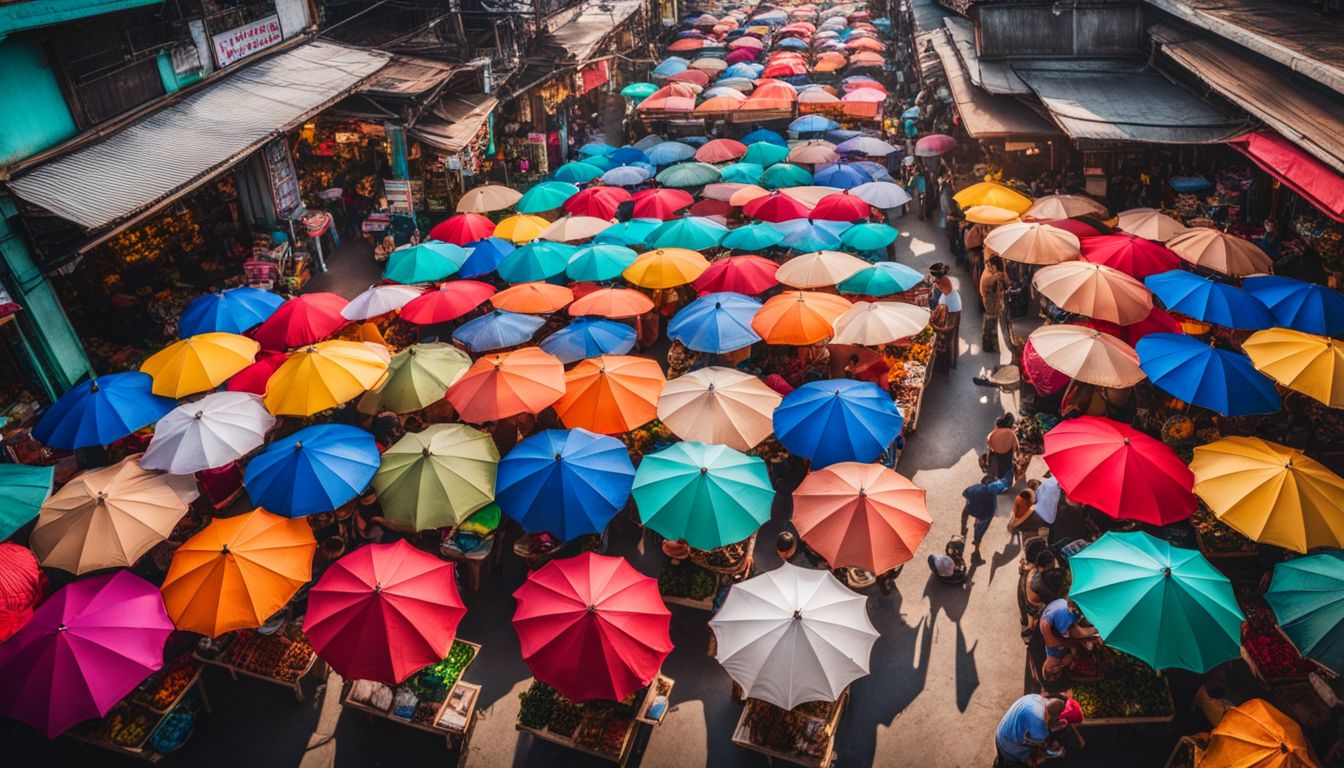 An aerial photo captures the vibrant atmosphere of a bustling Thai market with colorful umbrellas and diverse individuals.