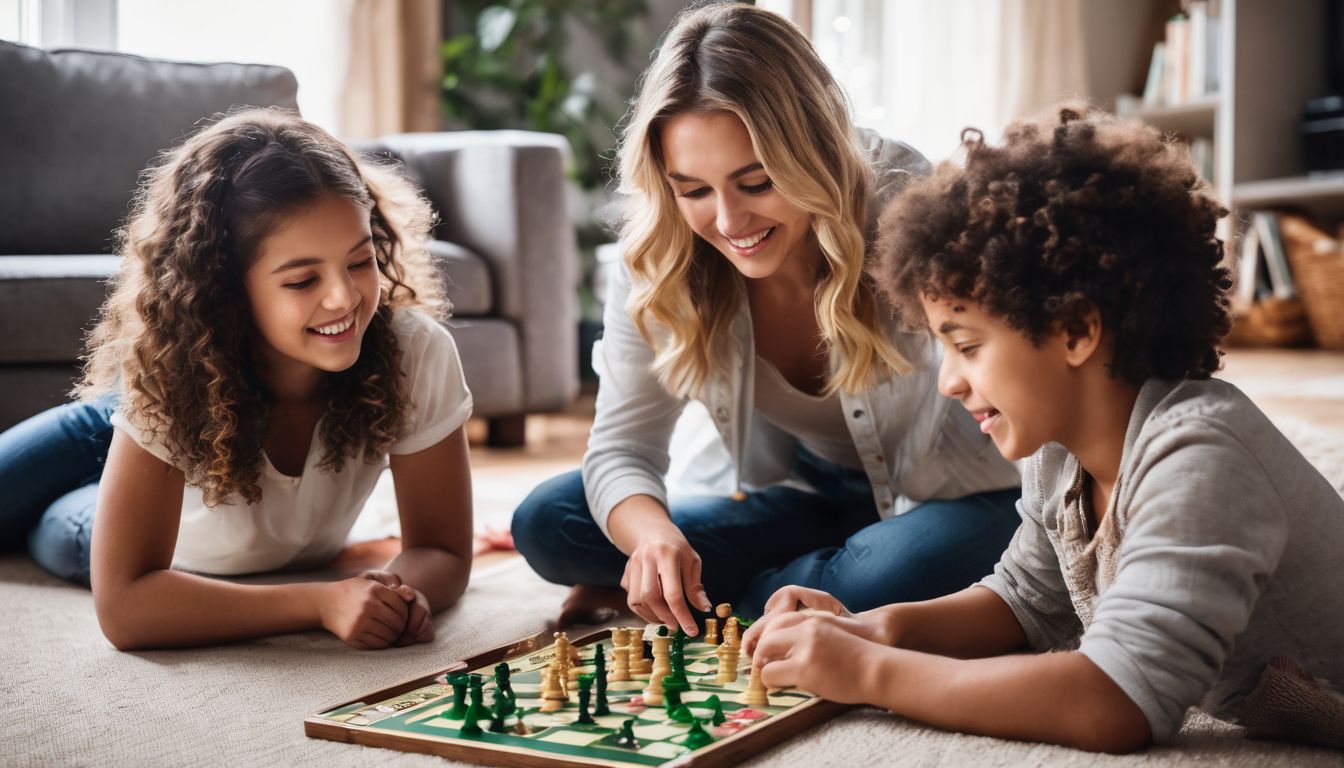 A young family enjoys playing board games together in their spacious living room.