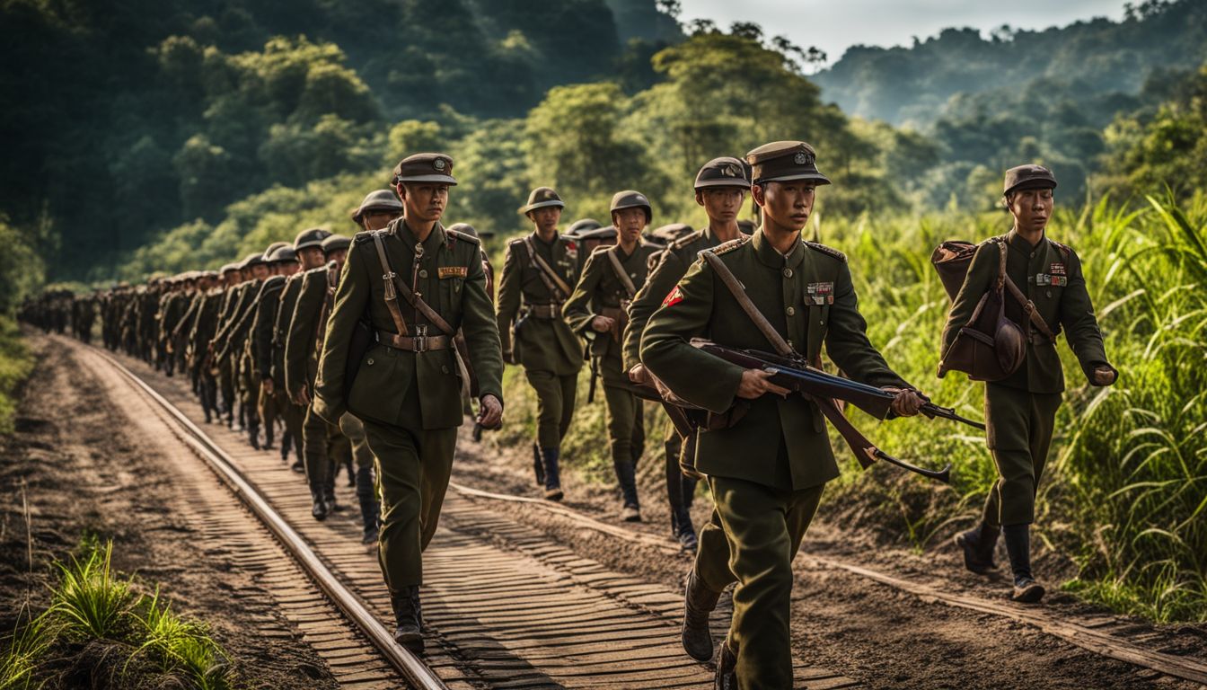 A photo of Japanese soldiers marching along the Thai-Myanmar Death Railway during World War II.
