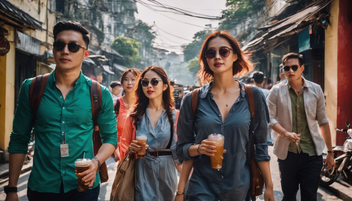 A diverse group of travelers are seen exploring the vibrant streets of Hanoi in a bustling atmosphere.