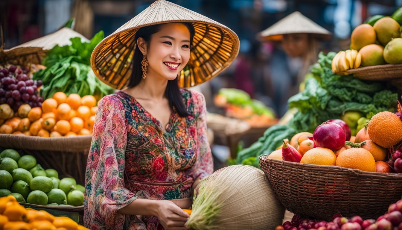 A photo of a traditional Vietnamese hat surrounded by colorful tropical fruits and vegetables in a bustling market.