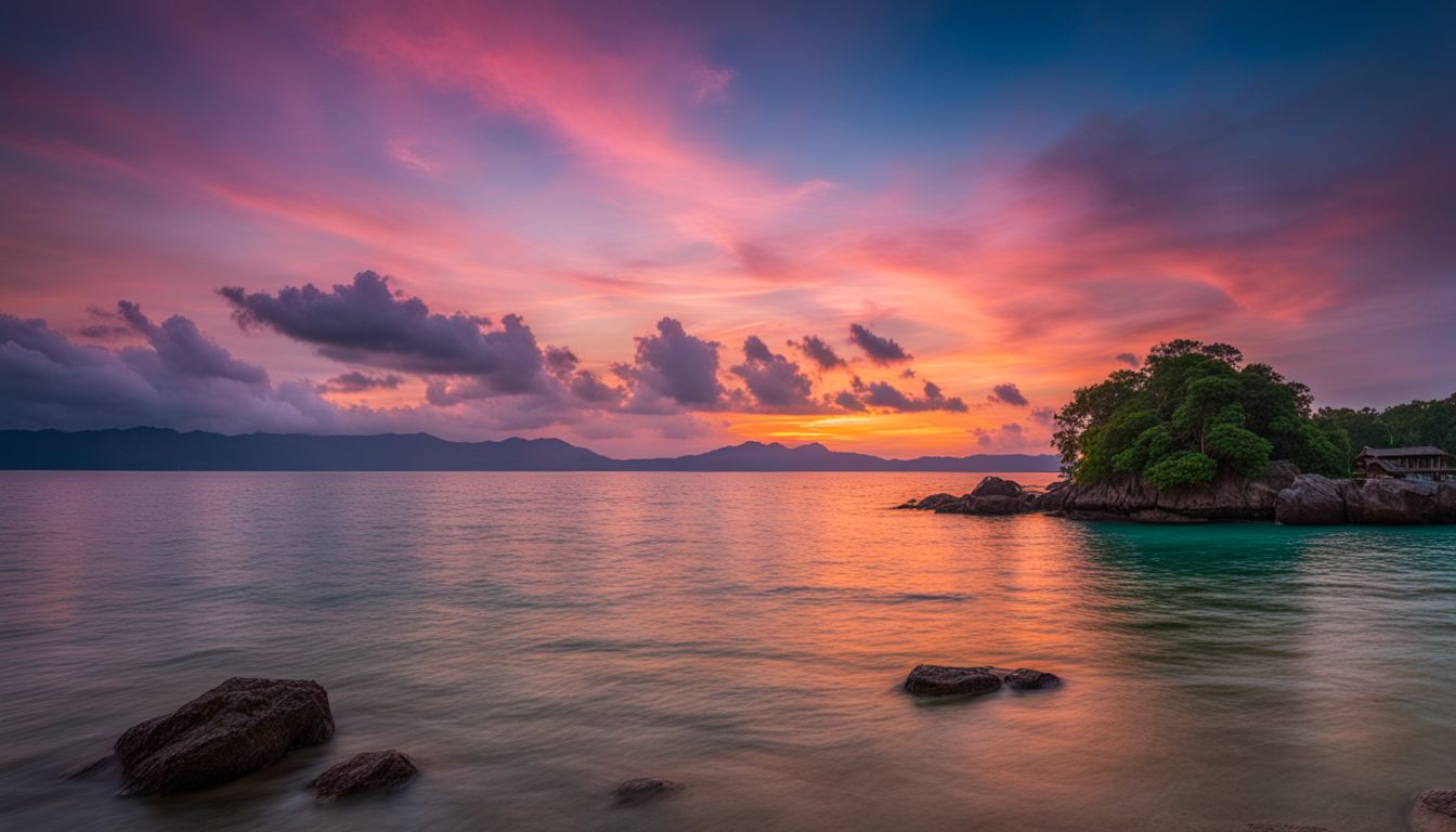 A vibrant sunset over the turquoise waters of Koh Jum, capturing the beauty of nature and diverse people.