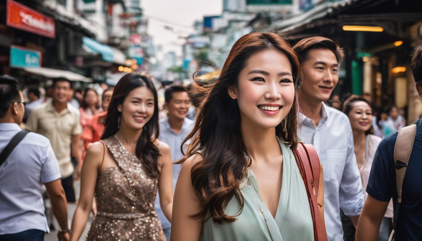 Tong leads a diverse group of tourists through the bustling streets of Bangkok in a vibrant cityscape photograph.