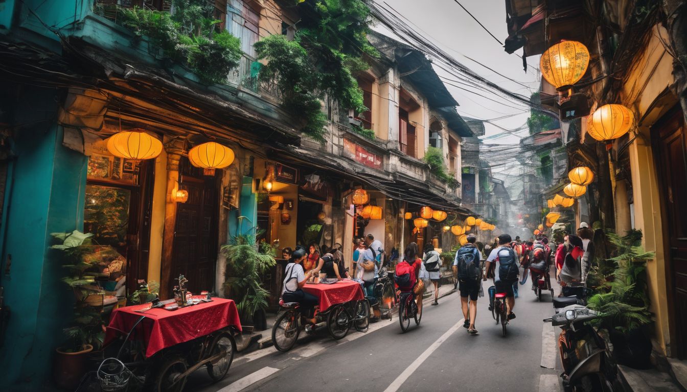 A diverse group of backpackers exploring the bustling streets of Hanoi.