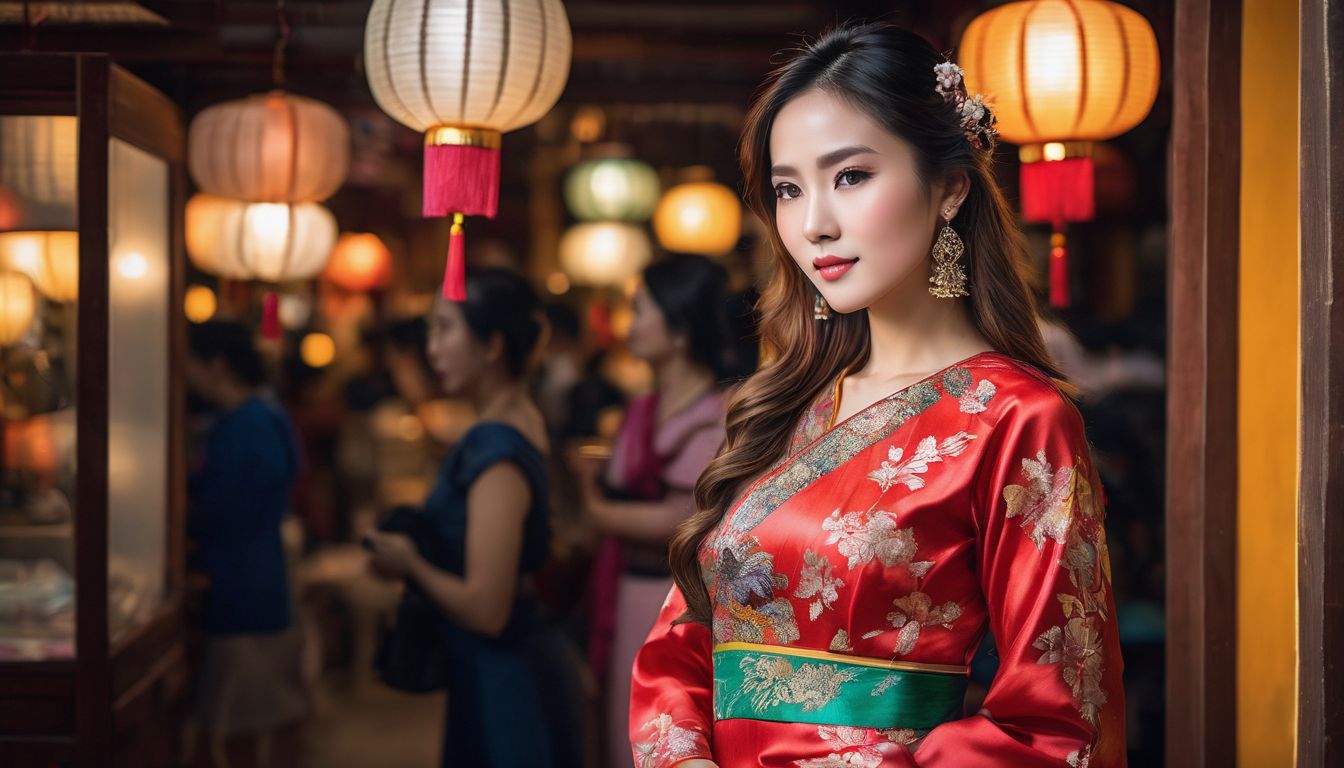 A woman tries on traditional Vietnamese silk dresses in a boutique, showcasing different faces, hair styles, and outfits.