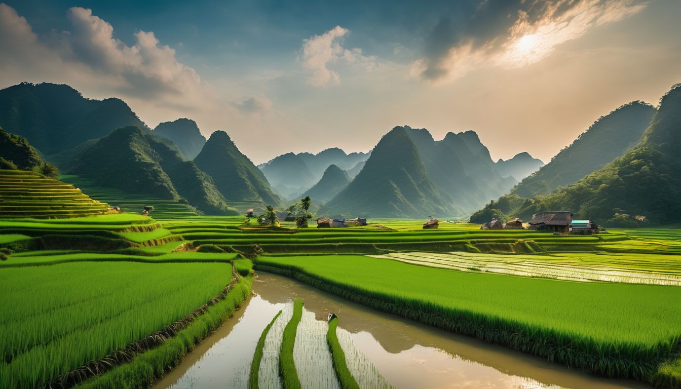 A group of tourists explore the beautiful countryside of Vietnam, capturing the vibrant green rice fields.