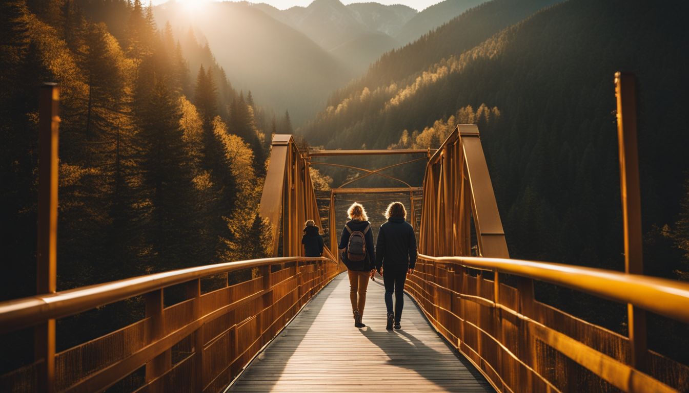 A photo of people walking on the Golden Bridge with stunning mountain and forest views.