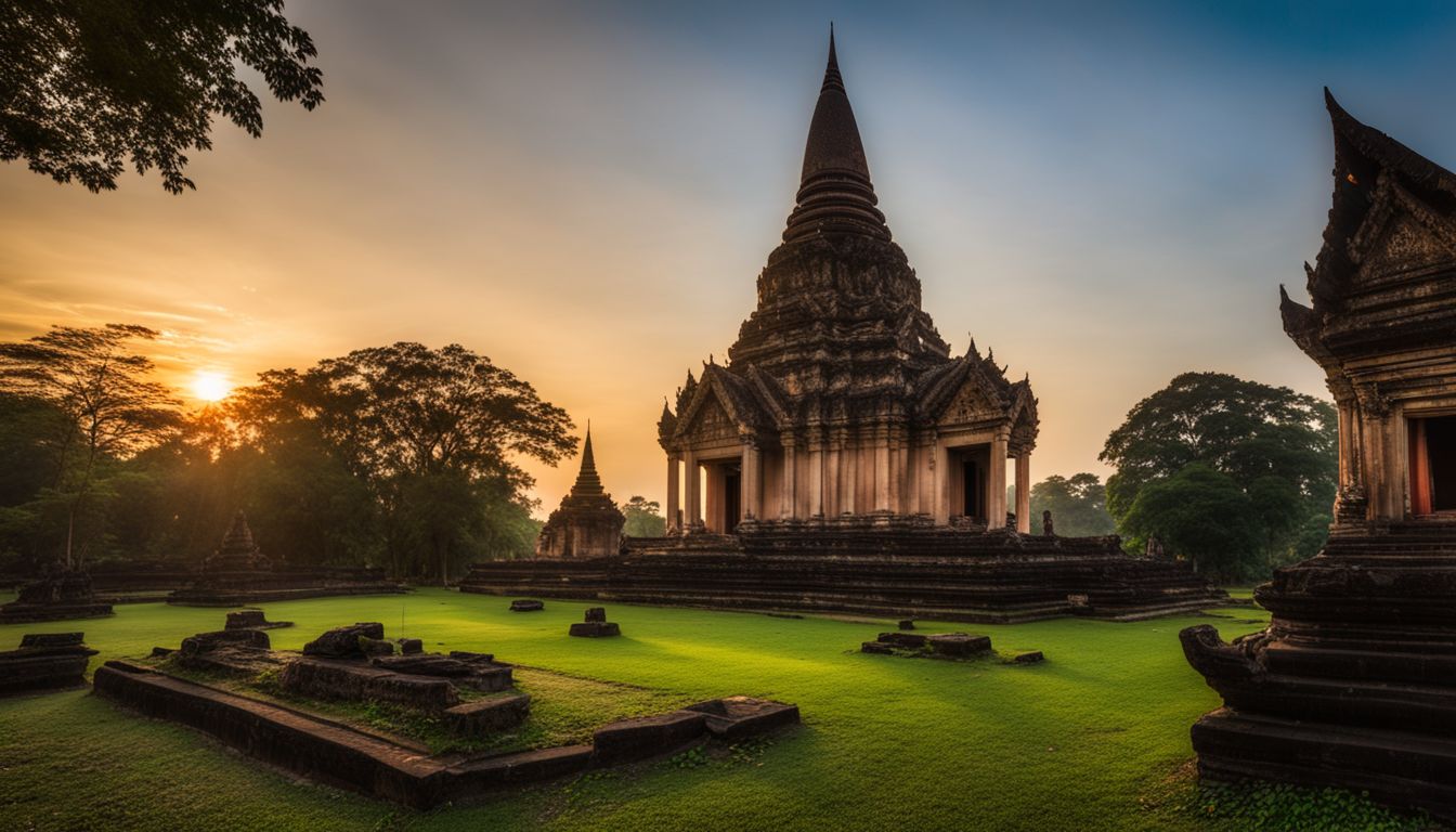 A photograph of Wat Chedi Chet Thaeo at sunset surrounded by lush greenery, capturing the bustling atmosphere and stunning architectural details.
