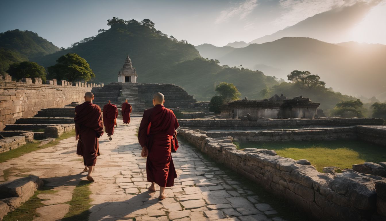 A group of monks walking among ancient temple ruins in a bustling atmosphere, as captured in a photograph.