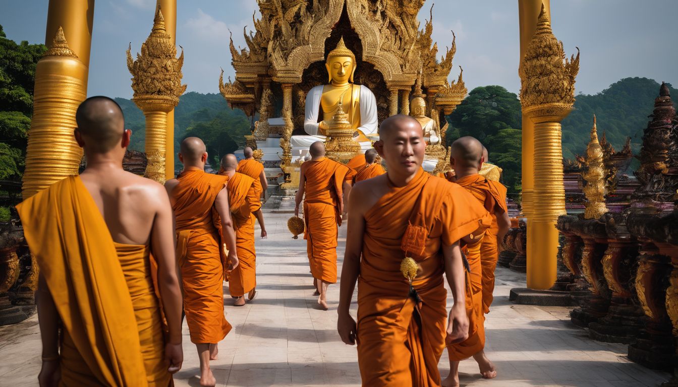 A group of Buddhist monks walking towards the Guanyin statue at Wat Plai Laem.