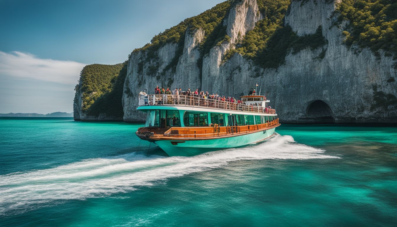 A ferry sails through turquoise waters with limestone cliffs in the background.