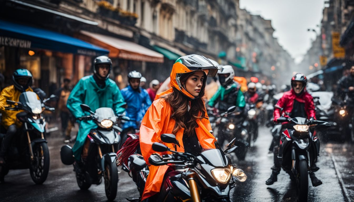 A group of motorbike riders wearing colorful raincoats navigate through a bustling city street.