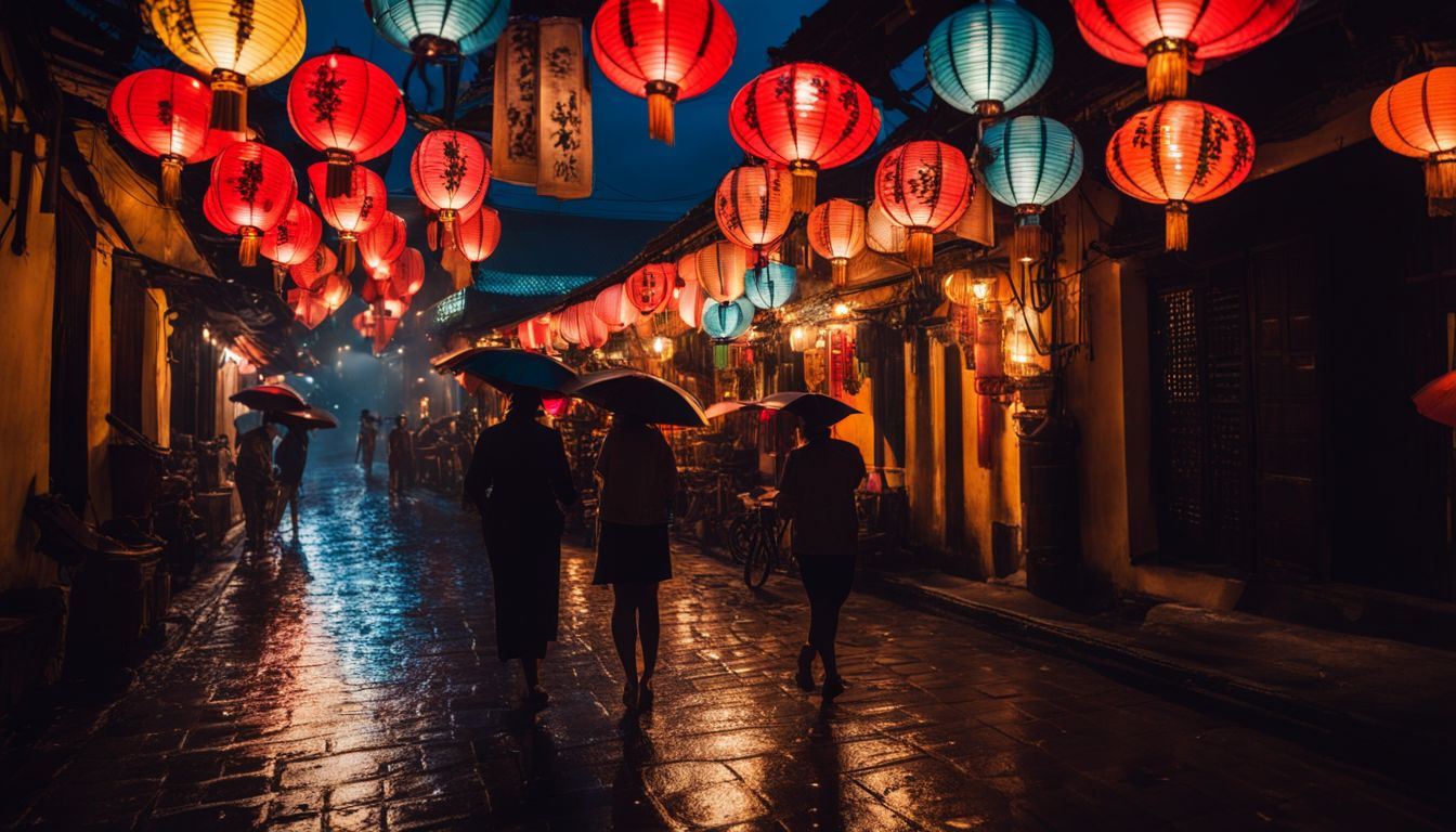 A picturesque scene of traditional lanterns hanging in the rain-soaked streets of Hoi An at night.