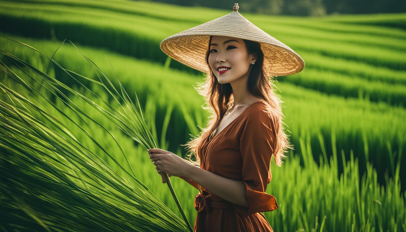 A woman wearing a traditional Vietnamese hat stands in a vibrant rice paddy field.